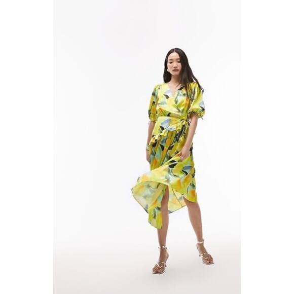 Topshop Womens Floral Midi Wrap Occasion Dress In Yellow Floral Print Size US 12 - Picture 1 of 16